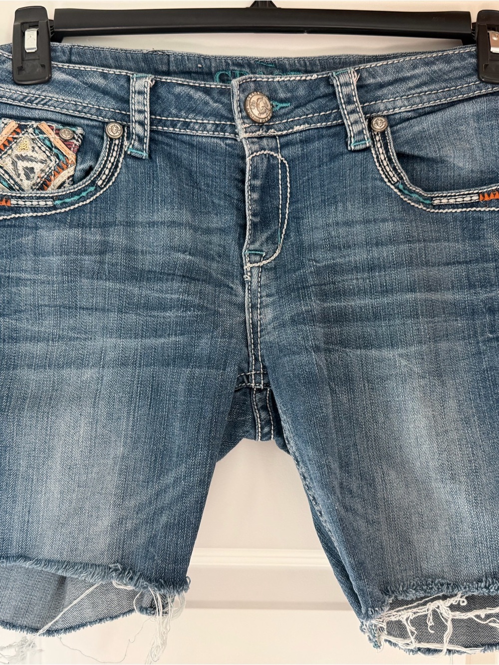 Grace in LA Size 30 Embellished Bermuda Denim Shorts Western Y2K Raw Hem